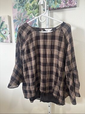 Lauren Conrad Brown and Tan Plaid Peasant Top w/ Bell Sleeve